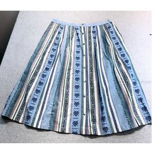 Vintage Karen Scott II Womens 20 Cotton Midi Skirt Blue Stripe Hearts Buttons